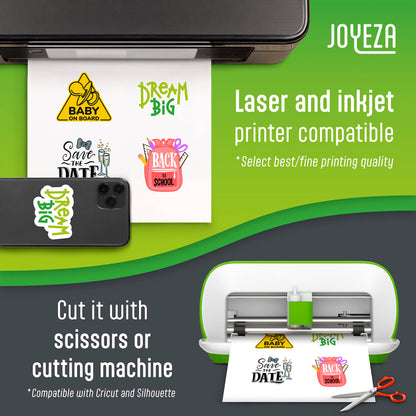 JOYEZA Premium Printable Vinyl Sticker Paper for Inkjet Printer - 25 Sheets Matte White Waterproof, Dries Quickly Vivid Colors, Holds Ink well- Tear Resistant & Laser