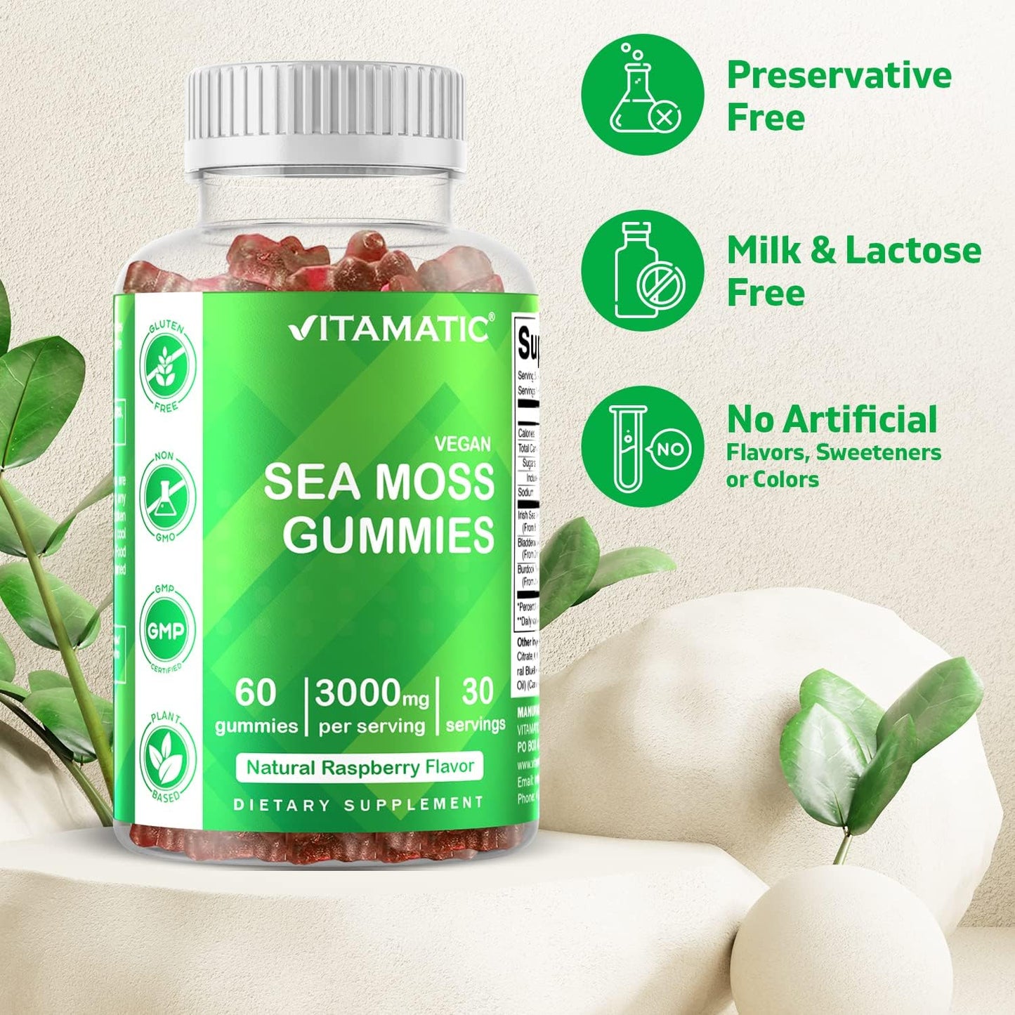 Vitamatic Irish Sea Moss Gummies - 3000 mg - 60 Vegan Gummies - Made with Bladderwrack & Burdock Root - Seamoss Supplement for Thyroid, Energy, Immune Support (60 Gummies (Pack of 1))