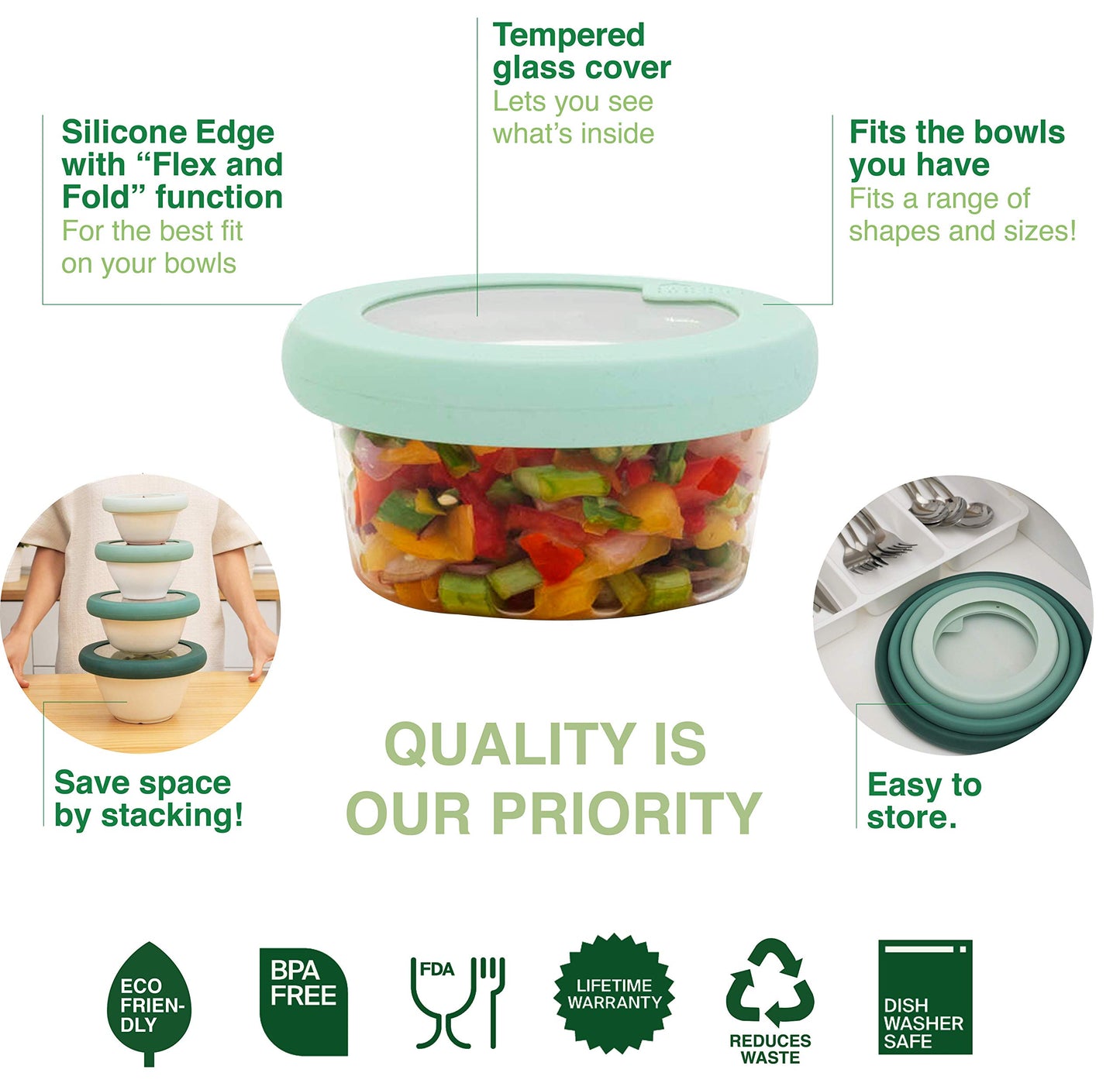 Food Huggers Flexible, Stackable,Eco-Friendly, Patented, Glass & Silicone Bowl Lids - Dishwasher Safe - Plastic Free, Set of three, Gradual Green, Extra Small, Small and Medium (XS,S,M)