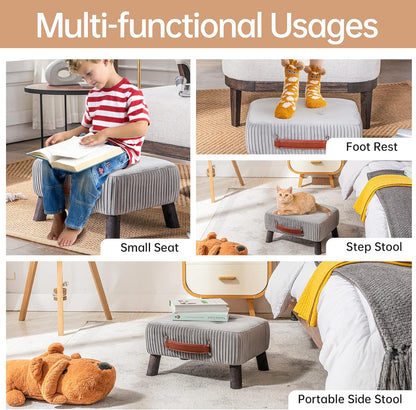 Small foot stool ottoman, Beige PU leather rectangle ottoman footrest, bedside step stool with wood legs, small Rectangular stool, foot rest for couch, small ottoman for desk, living room, bedroom