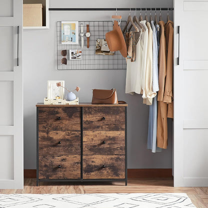 SONGMICS Dresser for Bedroom, Chest of Drawers, 6 Drawer Dresser, Closet Fabric Dresser with Metal Frame, Wooden Top and Front, Brown and Black ULGS23H