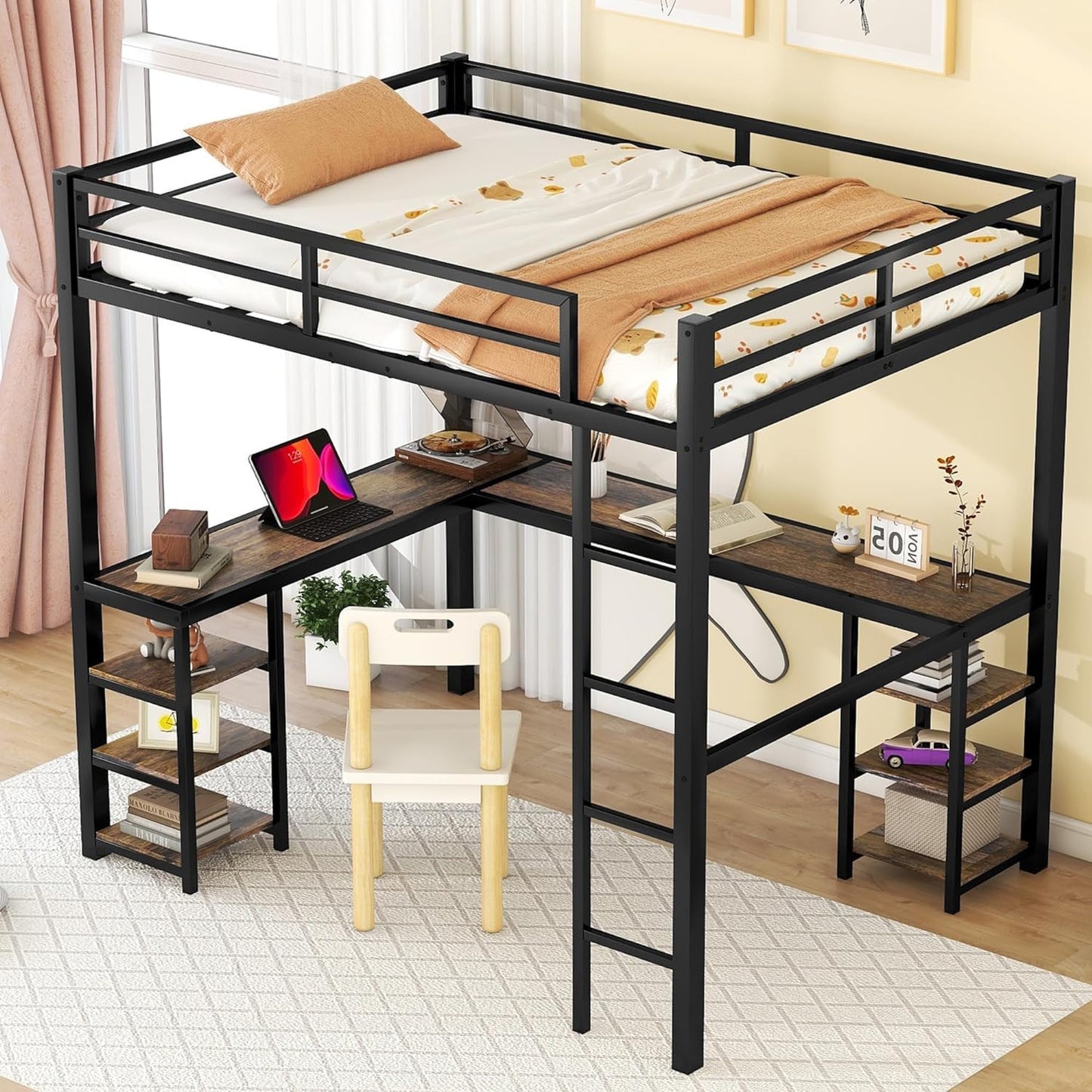 ROYAL POLAR Full Size Loft Bed with Desk and Storage Shelves Heavy Duty Metal Dunk Bed with Full-Length Guardrail Ladder Suitable for Teenagers Capacity 180KG