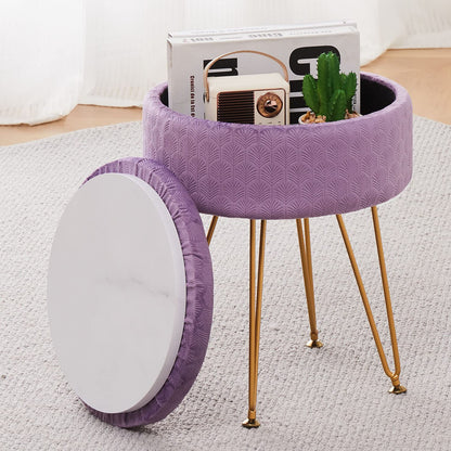 Cpintltr Footrest Footstools Round Velvet Ottoman with Storage Space Soft Vanity Chair with Memory Foam Seat Small Side Table Hallway Step Stool 4 Gold Metal Legs with Adjustable Footings Champagne