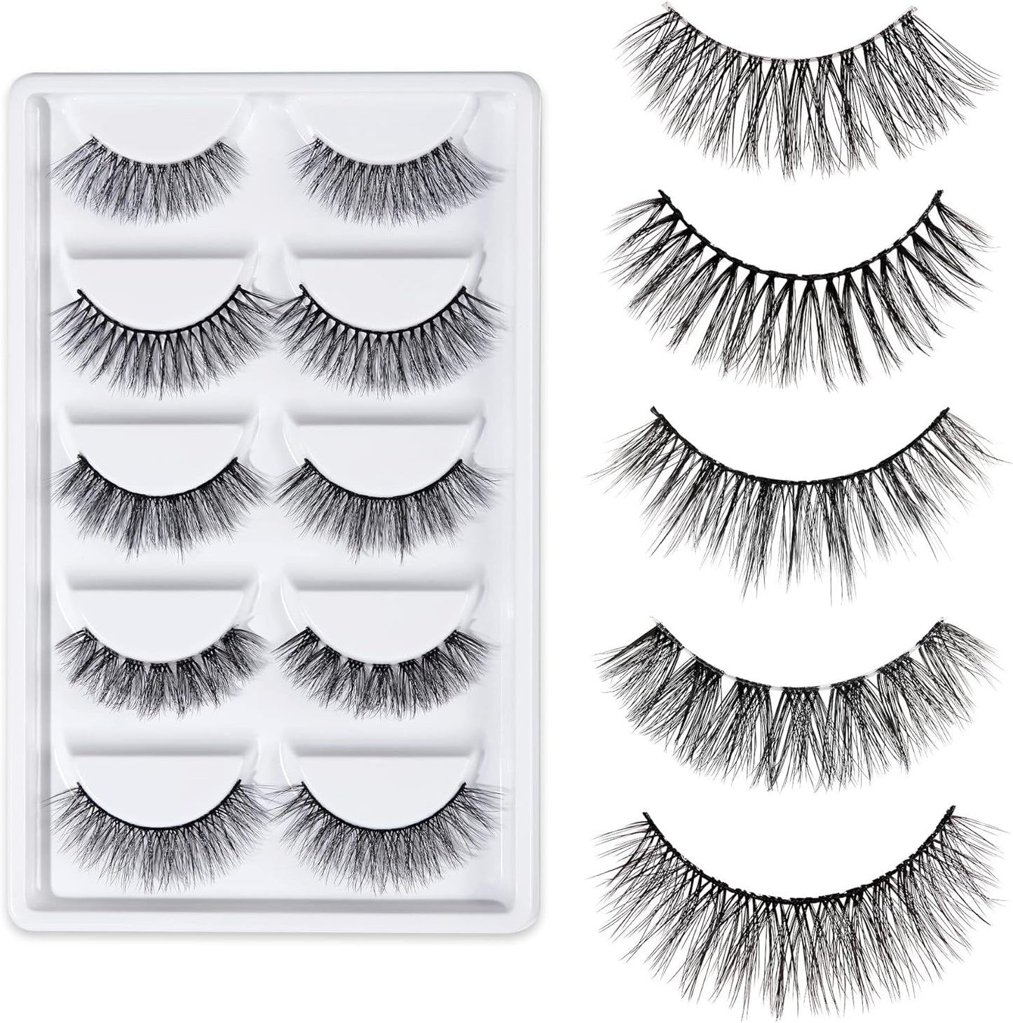 Jessup False Eyelashes Natural Look Fake Eyelashes 5 Pairs Pack Faux Mink Eyelashes 3D Wispy Fluffy Reusable Fake Lashes, FE503