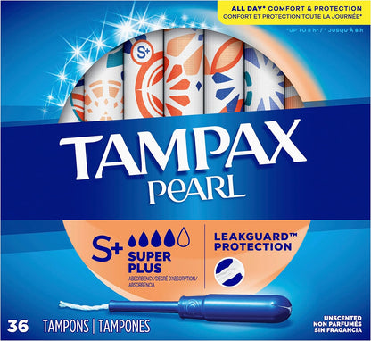 Tampax Pearl Tampons Super Plus Absorbency, with Leakguard Braid, Unscented, 50 Count