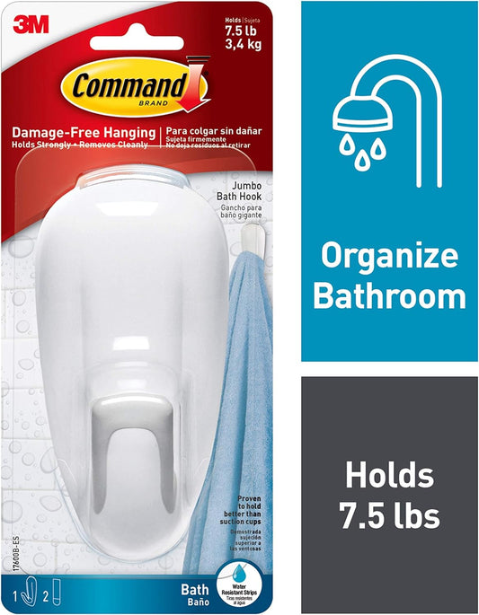 Command Bath Large Hook | Holds 3.4 kg each hook | White color | Water-Resistant Strips | Organize | Decoration | No Tools | Holds Strongly | Damage-Free Hanging | 1 hook + 2 strips/pack