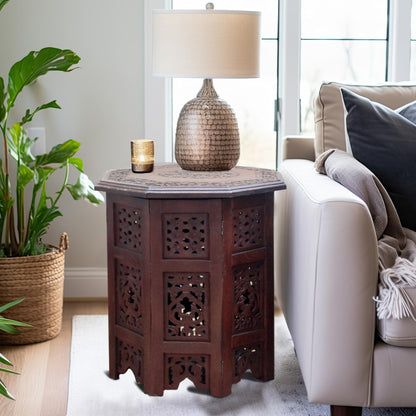 COTTON CRAFT Solid Wood Accent End Table - Hand Carved Vintage Boho Folding Side Table - Small Spaces Entryway Farmhouse Living Room Bedside - No Tools Assembly -18x18 Round - Jaipur Antique Brown