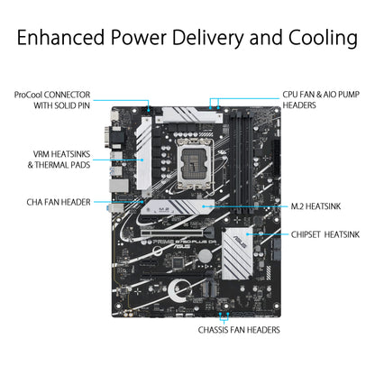 ASUS PRIME B760-PLUS D4 ATX Motherboard, LGA1700, Intel B760 Chipset, 4xDDR4 Slot, Max 128GB, PCle 5.0, 2.5Gb Ethernet, Fan Xpert 2+, Aura Sync, DP/VGA/HDMI