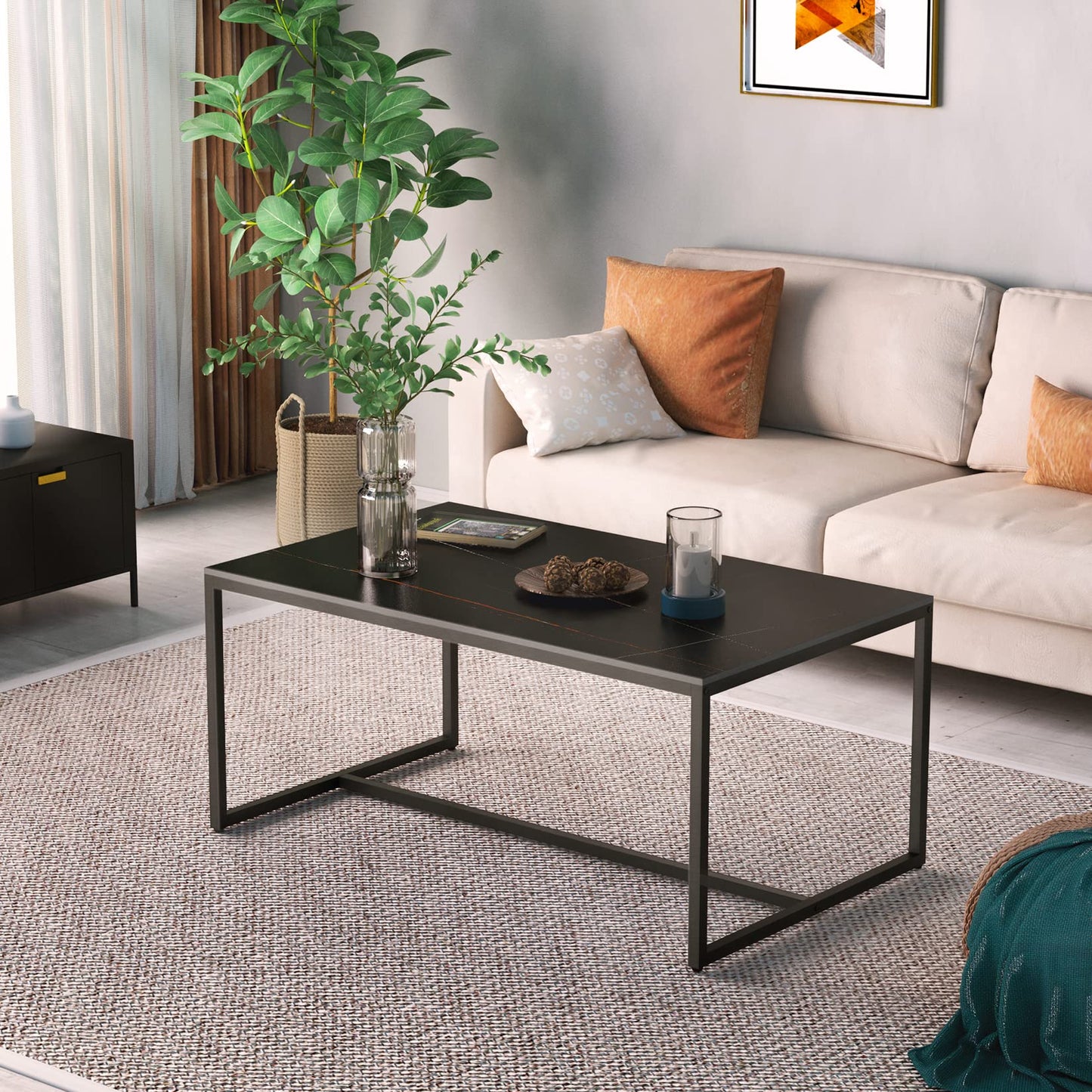 Marble Top Coffee Tables Rectangle: Sintered Stone Large Black Coffee Table Marbles Effect Tabletop with Sturdy Metal Legs Modern Sofa Center Table for Living Room Furniture Decor 100x60x42 CM