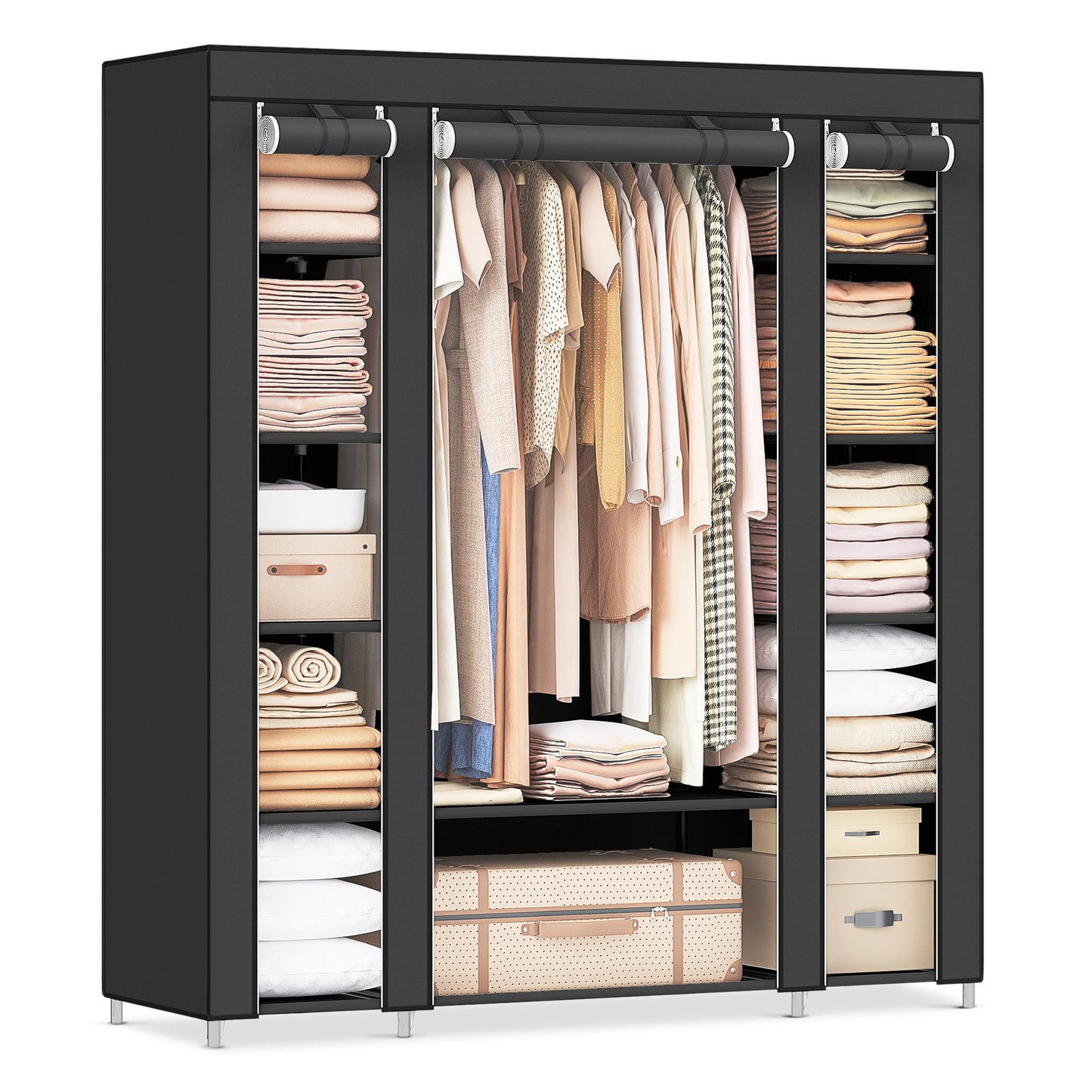 SONGMICS 59" Portable Clothes Closet Wardrobe Storage Organizer with Non-Woven Fabric, Quick and Easy to Assemble, Extra Strong and Durable, Black ULSF03H