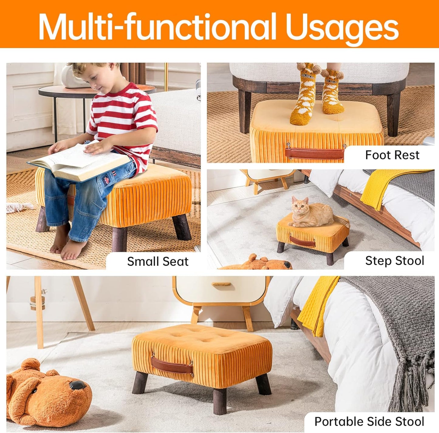 Small foot stool ottoman, Beige PU leather rectangle ottoman footrest, bedside step stool with wood legs, small Rectangular stool, foot rest for couch, small ottoman for desk, living room, bedroom