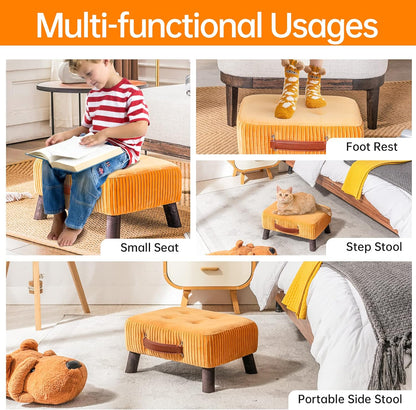 Small foot stool ottoman, Beige PU leather rectangle ottoman footrest, bedside step stool with wood legs, small Rectangular stool, foot rest for couch, small ottoman for desk, living room, bedroom