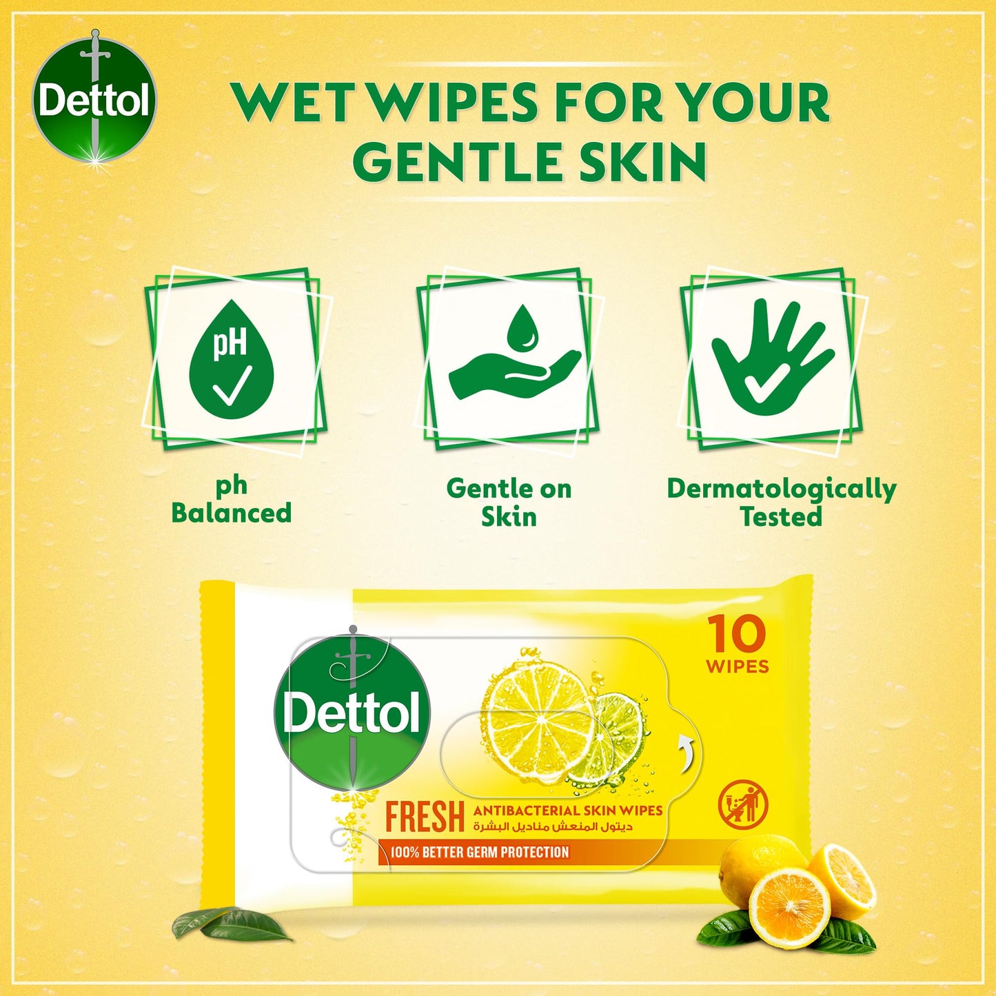 Dettol Fresh Antibacterial Skin Wipes for Use on Hands, Face, Neck etc, Protects Against 100 Illness Causing Germs, Pack of 50 Water Wipes