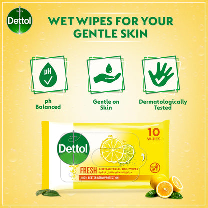 Dettol Fresh Antibacterial Skin Wipes for Use on Hands, Face, Neck etc, Protects Against 100 Illness Causing Germs, Pack of 50 Water Wipes