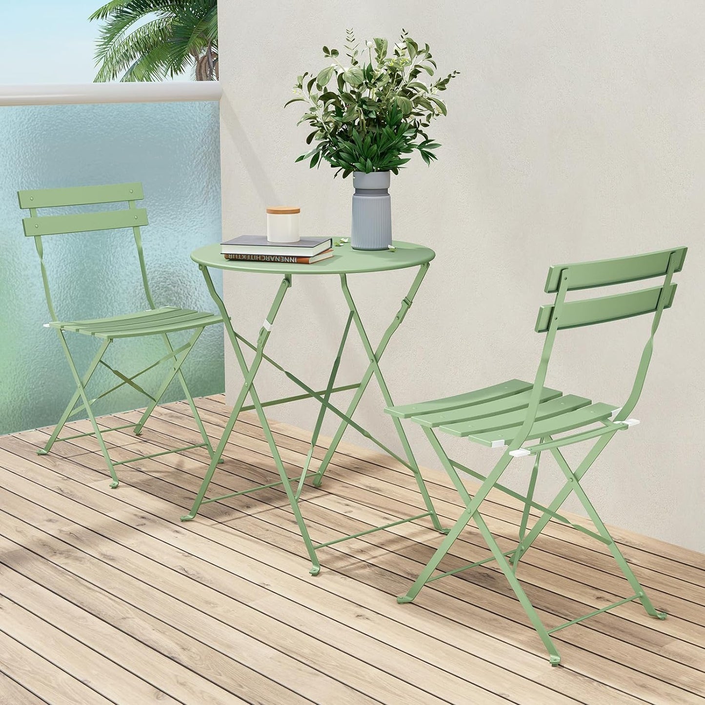 Grand patio Premium Steel Patio Bistro Set, Folding Outdoor Patio Furniture Sets, 3 Piece Patio Set of Foldable Patio Table and Chairs, Pea Green