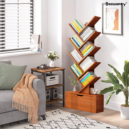 Beauenty Desktop Tree Bookshelf Display Storage Shelf 10 Tier, Wood Storage Rack Tree Bookcase With Drawer For Home School Book Magazine Office Study Table Bedroom (Style 2)