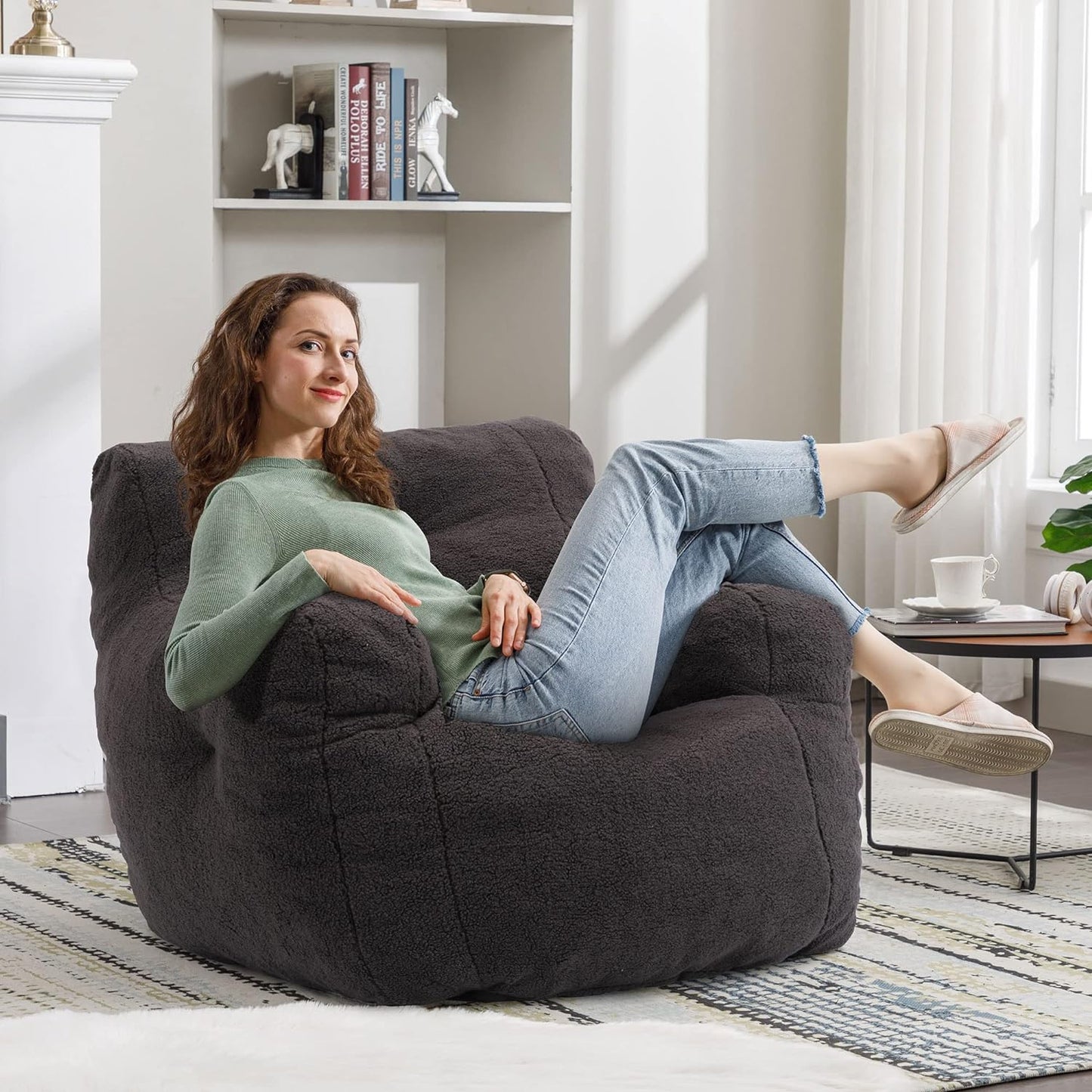 Recaceik Bean Bag Chairs, Tufted Soft Stuffed Bean Bag Chair with Filler, Fluffy Lazy Sofa, Imperial Lounger Giant Bean Bag Chair for Bedroom, Living Room, Dark Black