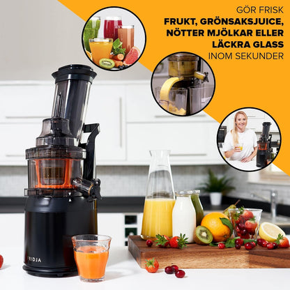 FRIDJA Powerful Masticating Juicer for Whole Fruits and Vegetables, Fresh Healthy Juice, Sorbet, Ice Cream, Wide Mouth 75mm Feeding Chute, BPA Free, 240-Watt, Cold Press, Black Stainless Steel f1900