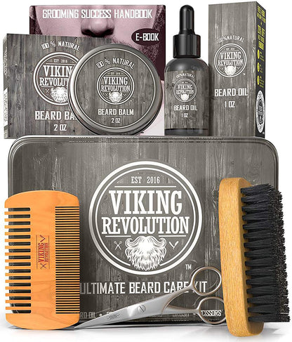 Viking Revolution Beard Grooming Kit for Men- Ultimate Beard Kit Includes 100% Boar Beard Brush, Beard Comb, Citrus Beard Balm, Unscented Beard Oil, Beard & Mustache Scissors