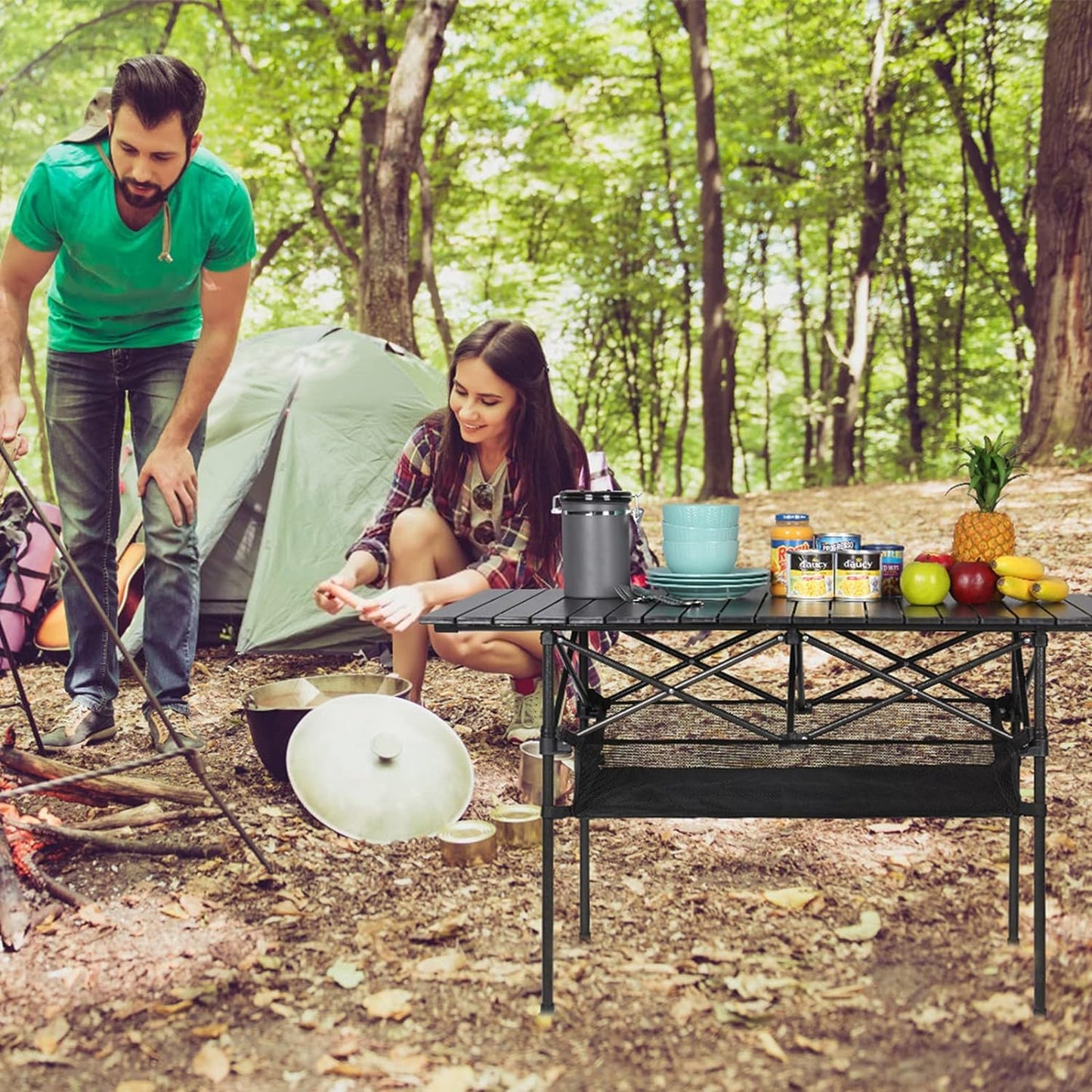 Jorunb Large Foldable Table,Portable Camping Table,Picnic Table,Backpacking Table with Storage Waterproof Pocket,for Outdoor BBQ,Cookout,Picnic,Beach 95 * 55 * 50cm