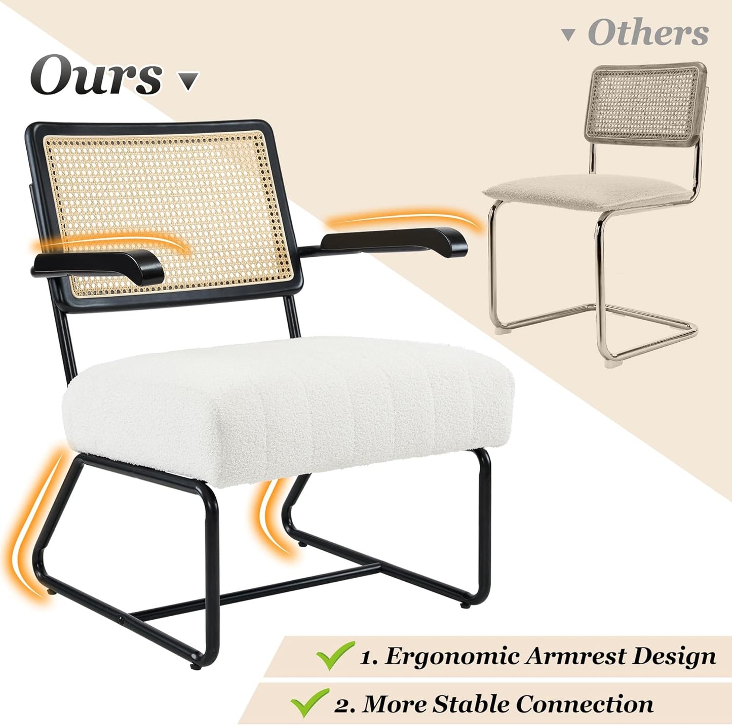 Fahomiss Accent Chairs - Living Room Chairs Mid-Century Modern Style Breathable Mesh Rattan Backrest Velvet Seat Oversized Bedrooms Reading Office White Black (White-Brown, x1)