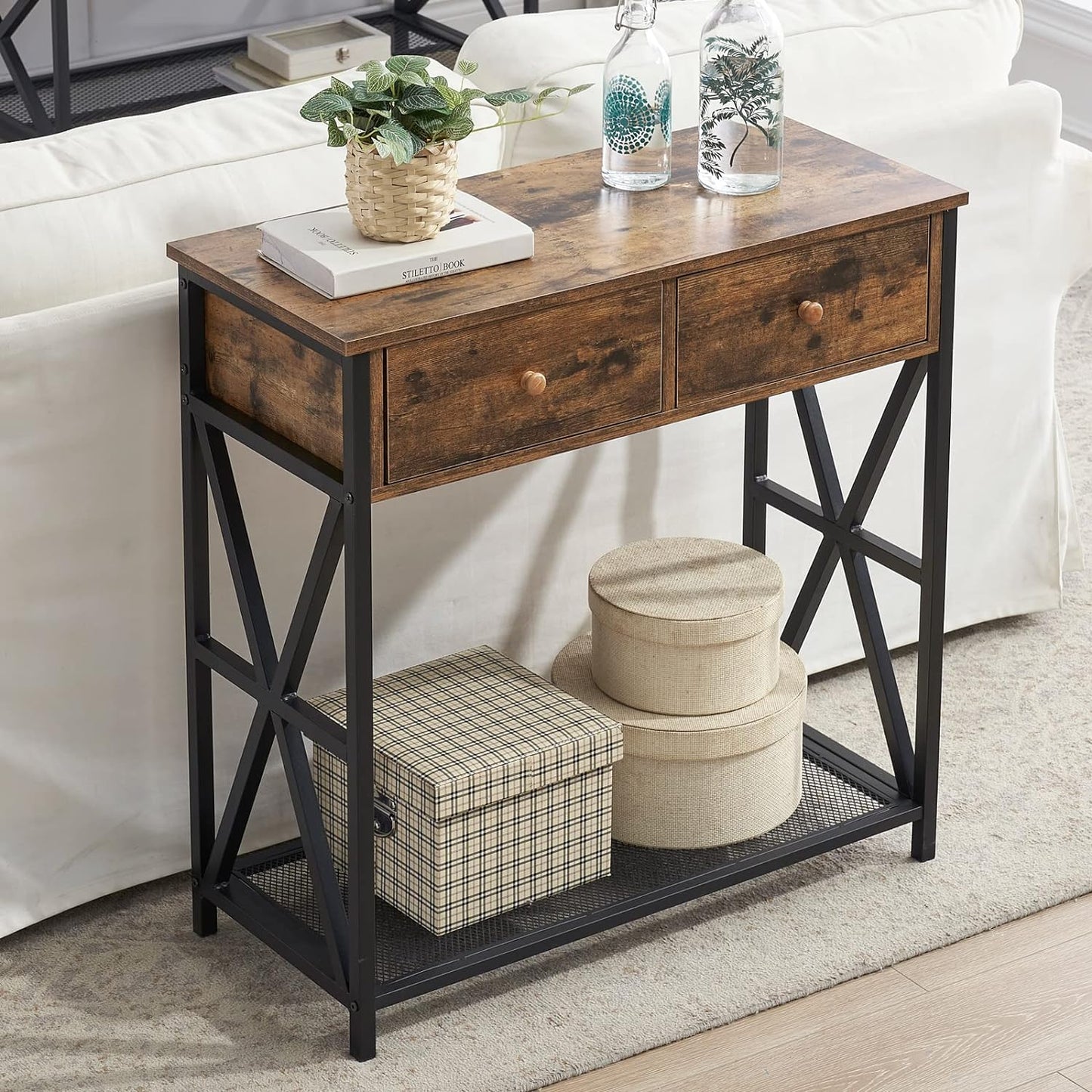 SHOCOKO Narrow Console Table with 2 Drawers, Industrial Wood Sofa Tables for Living Room, Rustic Entryway Hallway Table with Open Shelf, Vintage Brown