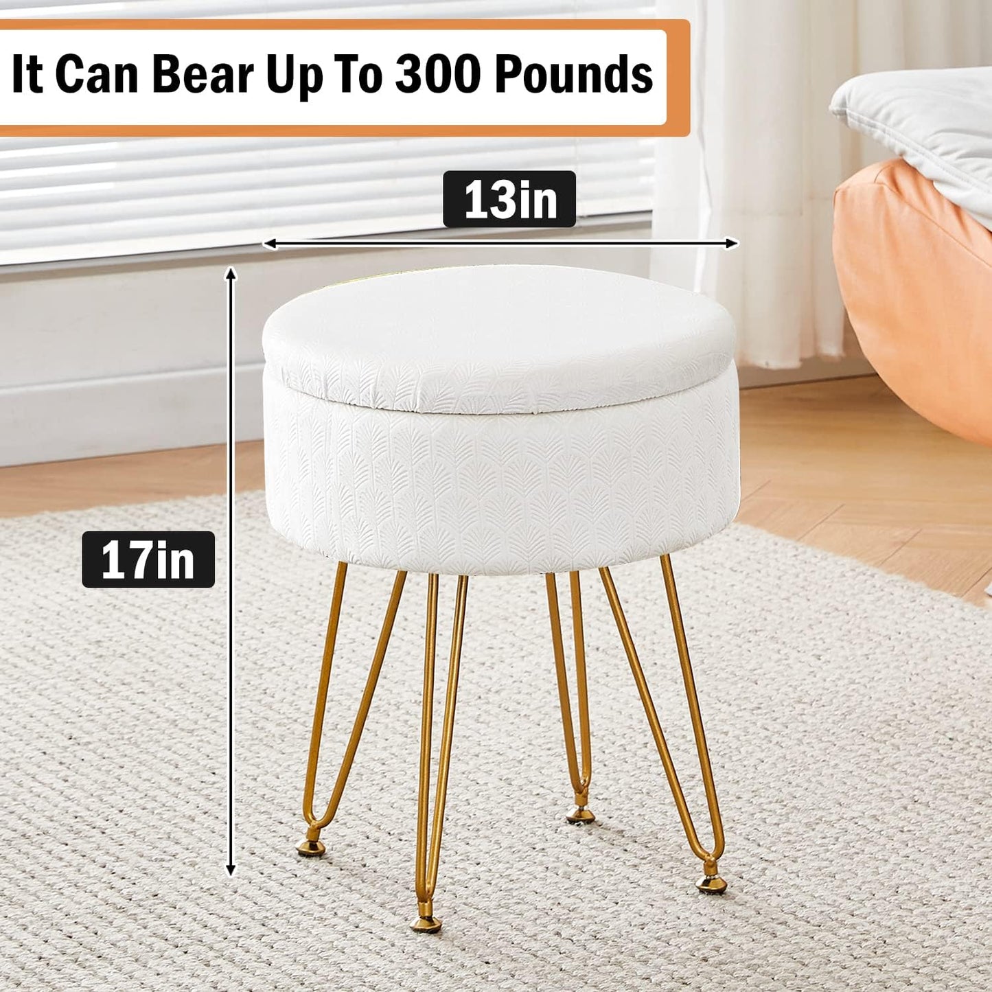 Cpintltr Footrest Footstools Round Velvet Ottoman with Storage Space Soft Vanity Chair with Memory Foam Seat Small Side Table Hallway Step Stool 4 Gold Metal Legs with Adjustable Footings Champagne