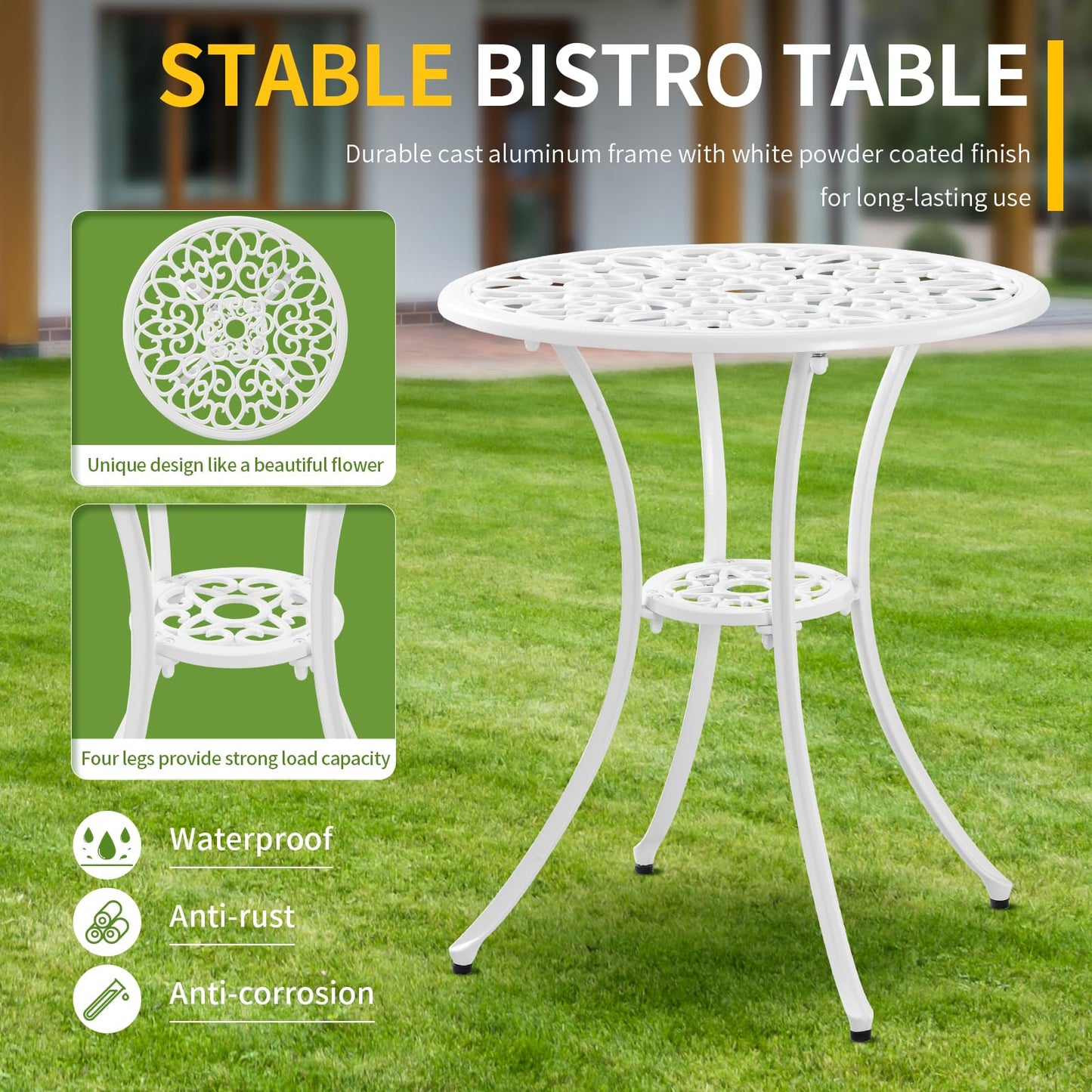 Withniture Bistro Table and Chairs Set of 2, White Metal Patio Bistro Set 3 Piece Outdoor Table Chairs with Umbrella Hole, Cast Aluminum Patio Furniture Set for Garden Porch