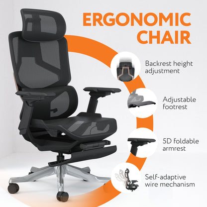 Skyland Executive Computer Office Chair - Advanced Ergonomics, High-Back, Breathable Mesh - Adjustable Lumbar Support, Footrest, Headrest, Seat Depth, Foldable Armrests - Aluminum Swivel Base (Black)