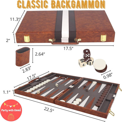 Backgammon Set 17.5 Inch Classic Backgammon Board Game Sets Handheld Backgammon Sets for Adults and Kids Brown Faux Leather Case Instructionطاولة زهر منقوشة ومرصعة بالصدف صناعة يدوية مع حجارة الزهر