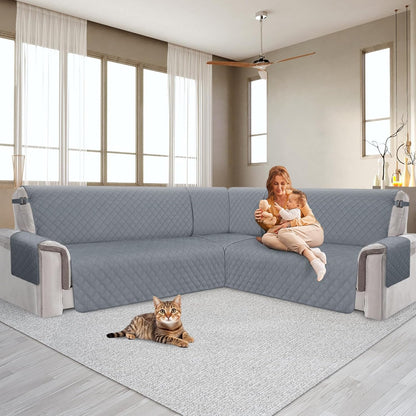 ALIECOM 100% Waterproof Corner Sectional Couch Covers L Shape Sofa Cover Washable 3 Piece Quilted U Shaped Sectional Slipcover Set Anti Slip Furniture Protector for Pets Dogs Cat (Silver Gray, Large)