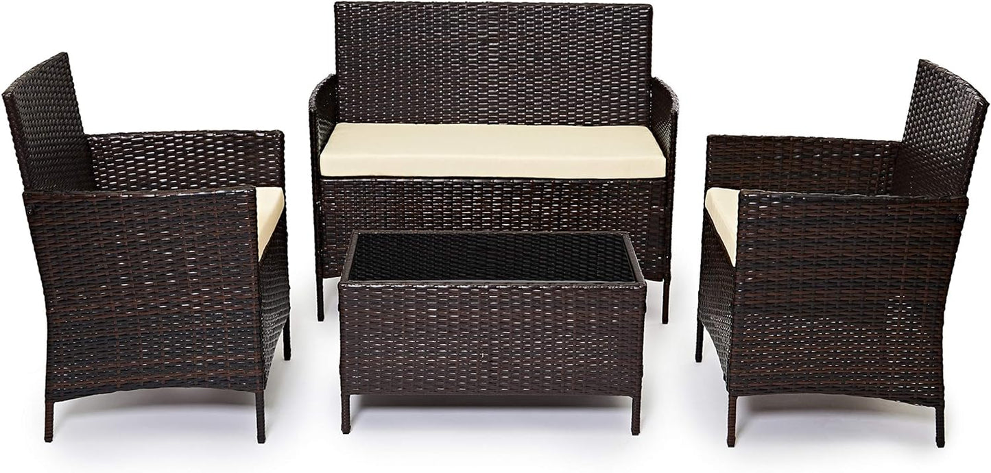 EVRE Brown Rattan Garden Furniture Set Patio Conservatory Indoor Outdoor 4 Seater Piece Modular Sofa Loveseat Chair Glass Top Coffee Table with Cushions