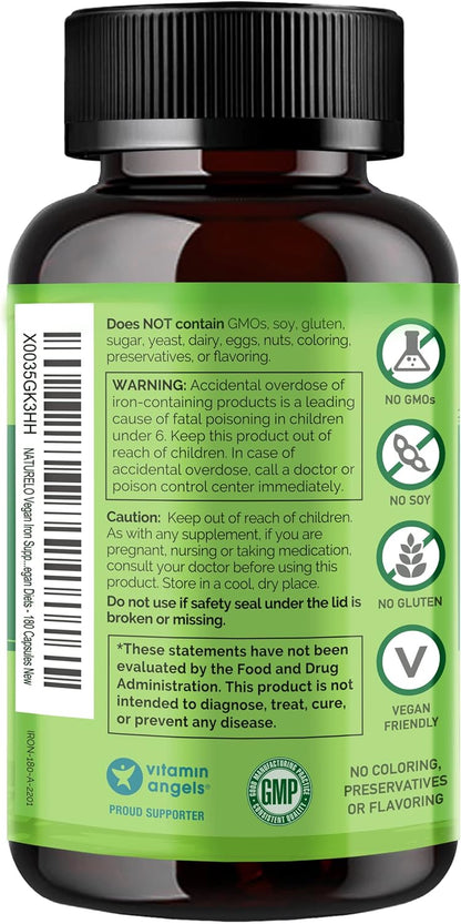 NATURELO Vegan Iron Supplement with Vitamin C and Organic Whole Foods - Gentle Pills for Women & Men w/Iron Deficiency Including Pregnancy, Anemia Diets 90 Mini Capsules