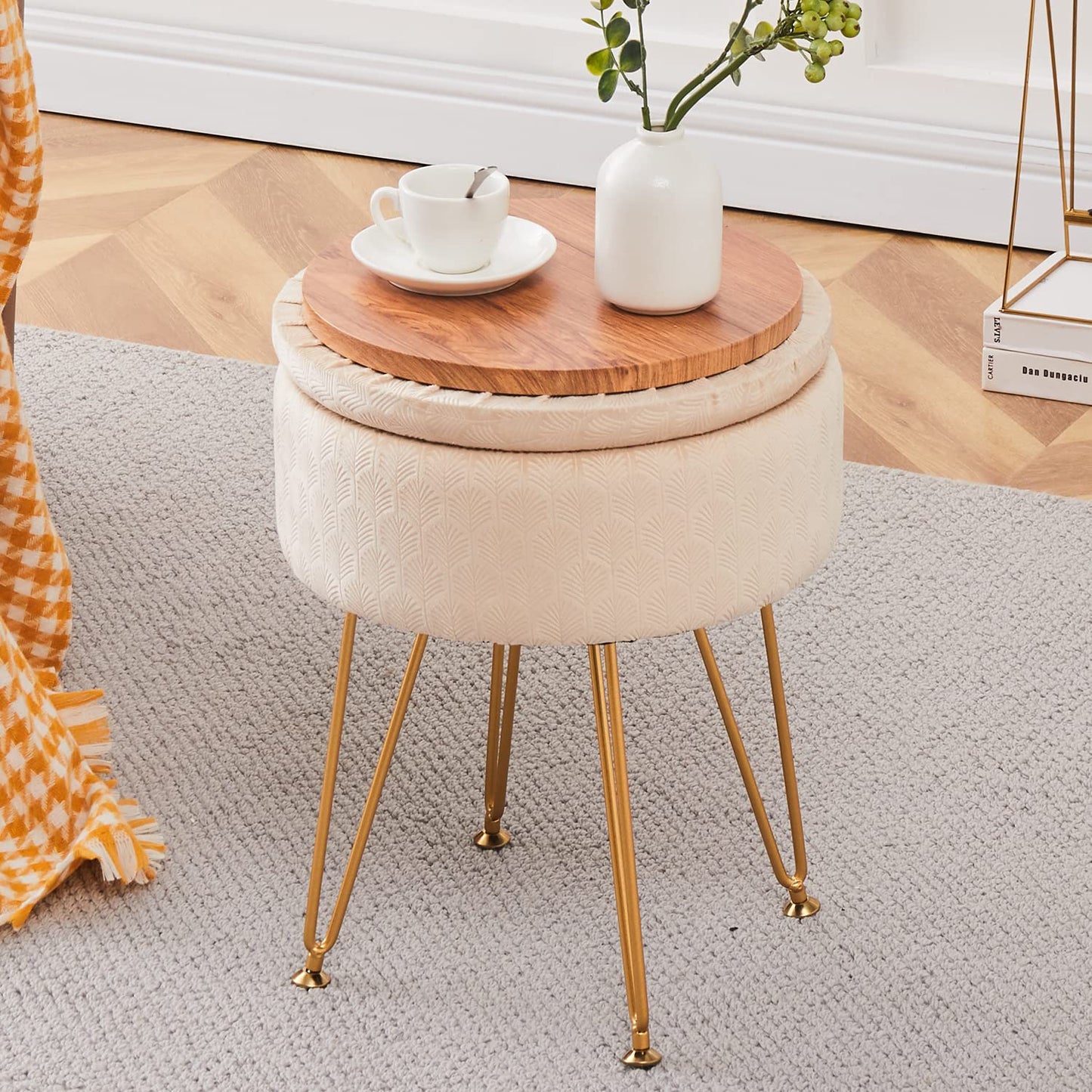 Cpintltr Footrest Footstools Round Velvet Ottoman with Storage Space Soft Vanity Chair with Memory Foam Seat Small Side Table Hallway Step Stool 4 Gold Metal Legs with Adjustable Footings Champagne