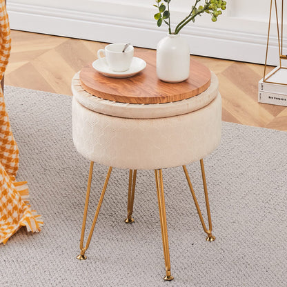 Cpintltr Footrest Footstools Round Velvet Ottoman with Storage Space Soft Vanity Chair with Memory Foam Seat Small Side Table Hallway Step Stool 4 Gold Metal Legs with Adjustable Footings Champagne