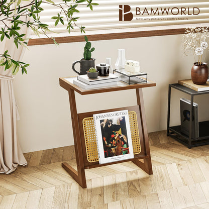 Bamworld Rattan Side Table Boho NightStand Mid Century Modern End Table Glass Bedside Table Small End Tables Bamboo Coffee Table with Storage for Living Room Bedroom, Bamboo Brown (A1)