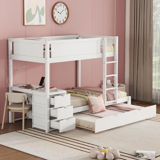 Ball & Cast Twin-Over-Twin Bunk Bed with Twin Size Trundle,Solid Wood Bedframe W/Desk & Drawers,USB,Space Saving,Easy Assembly,Multifunctional Bedroom Furniture Set for Boys Girls Teens,White