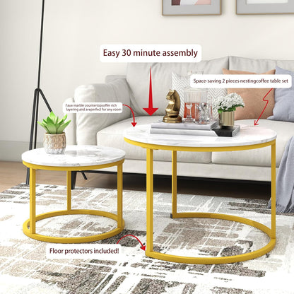 ARFARLY Round Coffee Table Set of 2 End Tables for Living Room, Nesting Coffee Table Wooden Accent Furniture with Golden Metal Frame,Stacking Side Tables