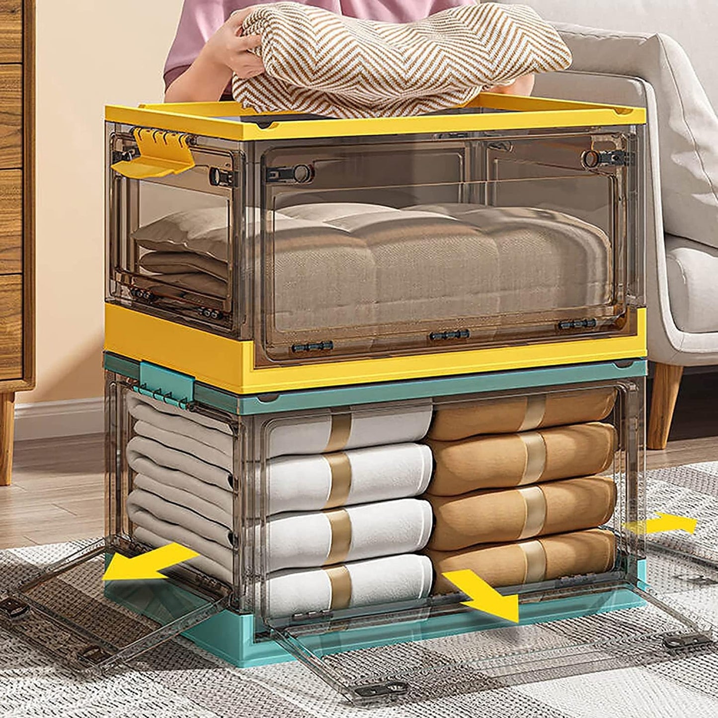 Mounay Foldable Storage Box with Lids,85L Stackable Storage Boxes with Wheels, Storage Container Crate, side Open Transparent Door for Home, Office, Bedroom (Extra large, Mango Yellow)