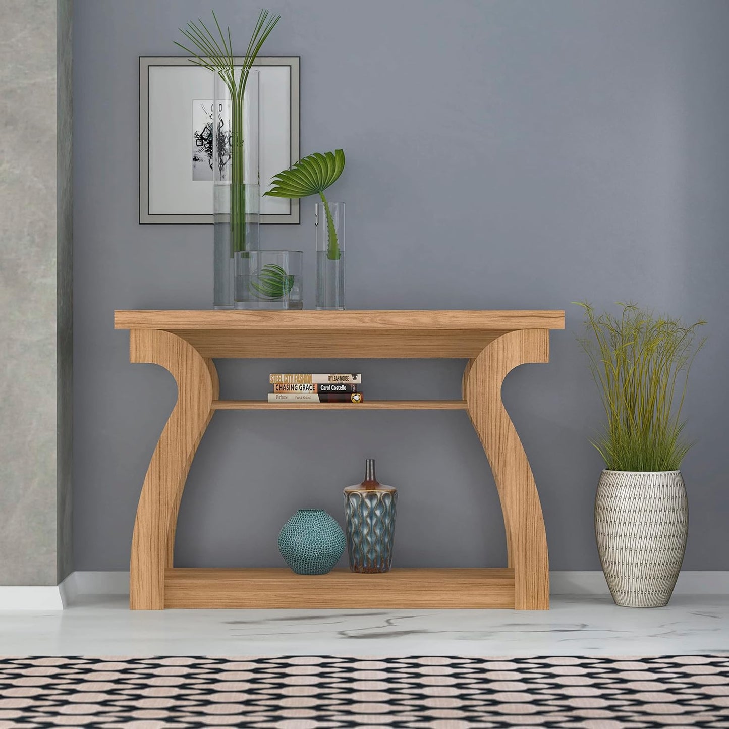 Artely Console Table With 2 Shelves, Long Entryway Table With Classical Design, Narrow Sofa Table for Living Room and Hallway, Atenas, Pine Brown- W 120 x D 33 x H 80 cm