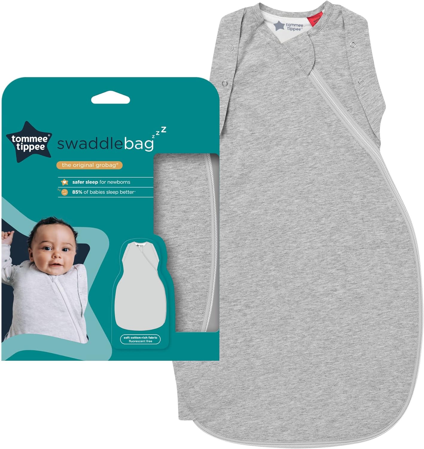 Tommee Tippee Baby Sleep Bag for Newborns, 3-6 m, 1.0 TOG, The Original Grobag Swaddle Bag, Hip-Healthy Design, Soft Cotton-Rich Fabric, Sky Grey Marl