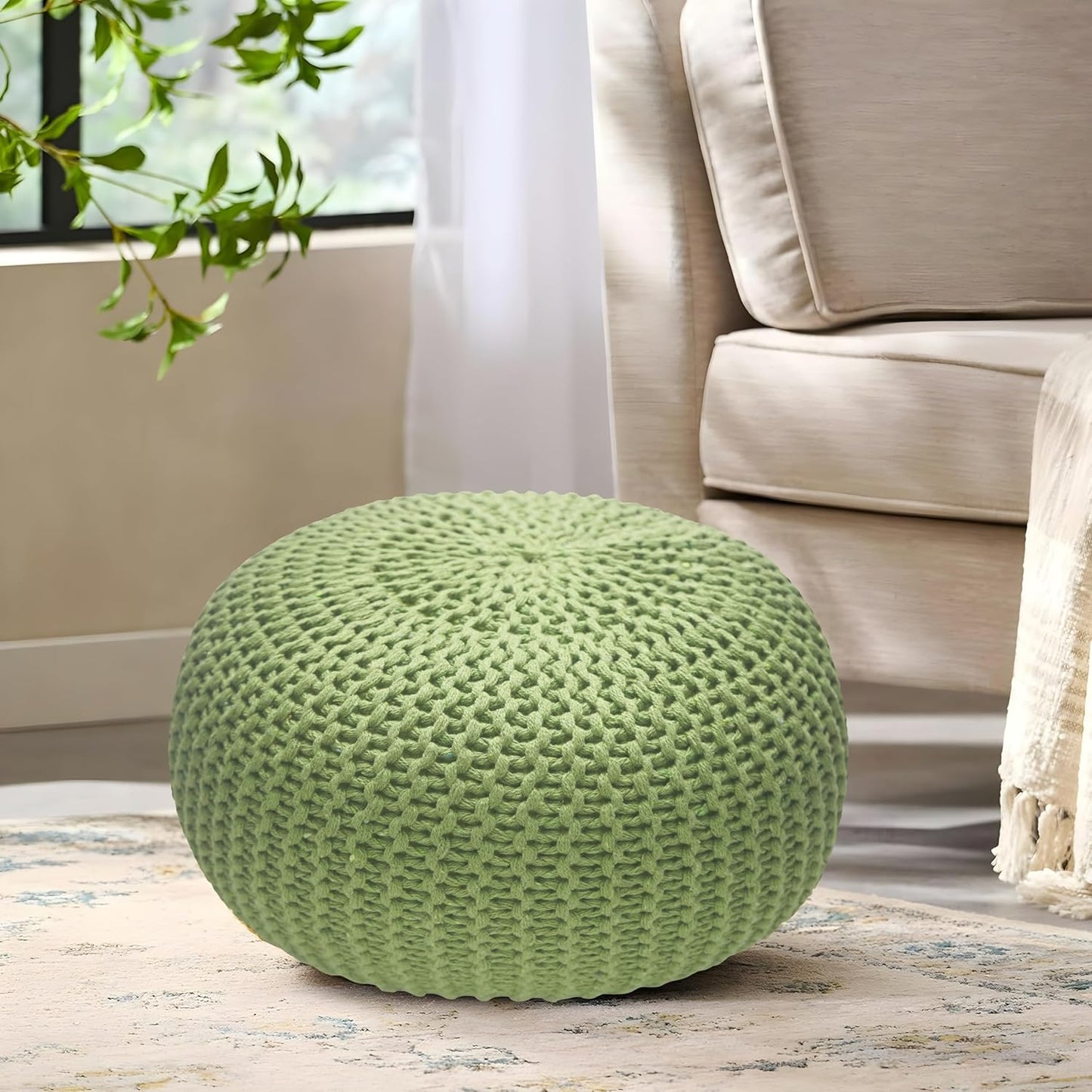 Bedding Craft Pouf,Pouf Ottoman,Pouf Ottoman Foot Rest,Pouf Living Room,Out Door Pouf Ottoman,Hand Knitted Bean Bag Pouf, Chair Foot Rest for Livinghome, 18x18x14_Sage Green