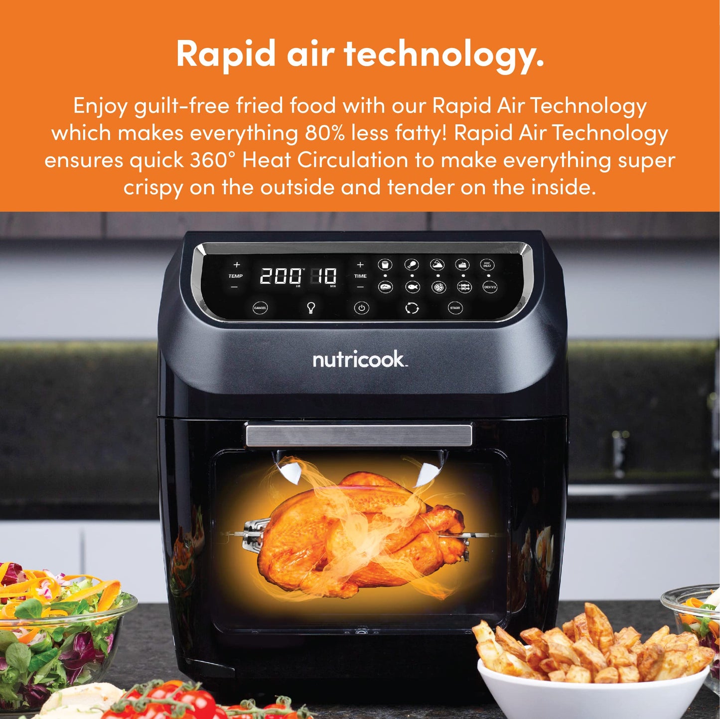 Nutricook Air Fryer Oven, 1800 Watts, Digital/One Touch Control Panel Display, 8 Preset Programs, 12 Liters, Black