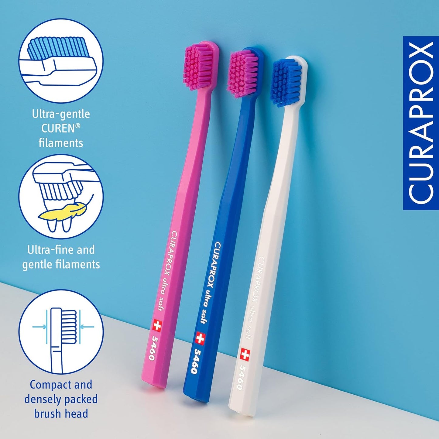 Curaprox Toothbrush CS 5460 Ultra-Soft, 3 Pack - Ultra Soft Toothbrush for adults with 5460 CUREN Bristles - Curaprox Manual Toothbrush