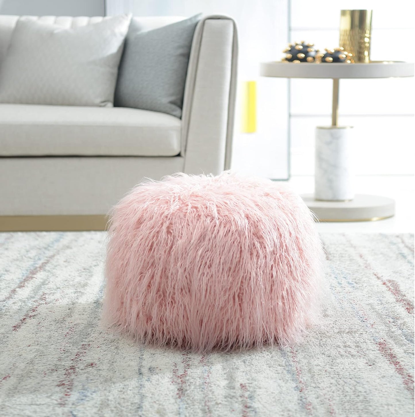 Comfortland Faux Fur Ottoman Stool (Empty & New), Fuzzy Pouf Cover, Fluffy Poof Ottomans, Furry Unstuffed Foot Rest with Storage for Living Room, Bedroom, or Gifts White