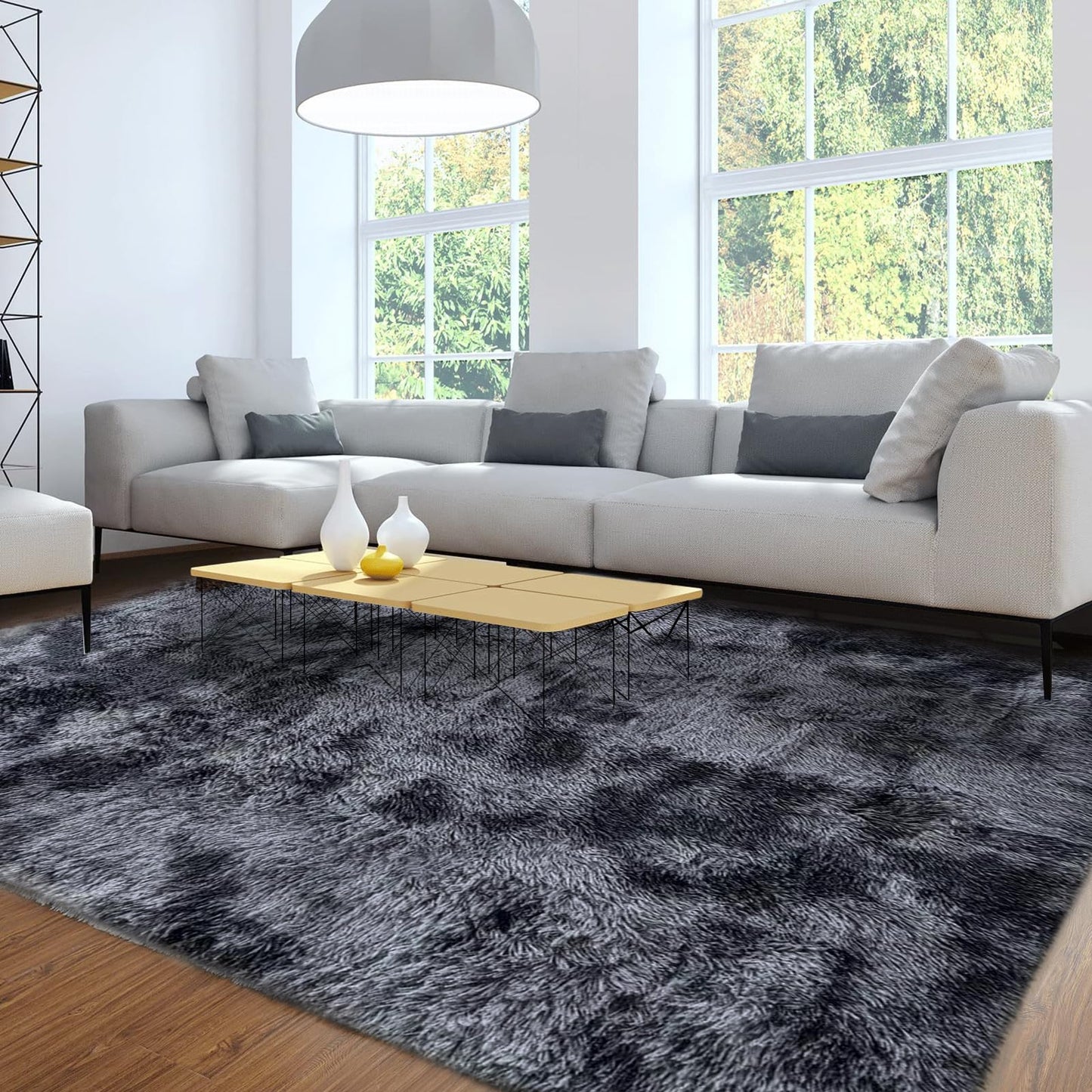 ASIinnsy Area Rugs Soft Fluffy Carpets For Living room Shaggy Rug Modern Area Rug For Bedroom Anti-Slip Rugs For Kids Room Indoor Home Decorative Carpet (Black Grey, 80 x 120cm)