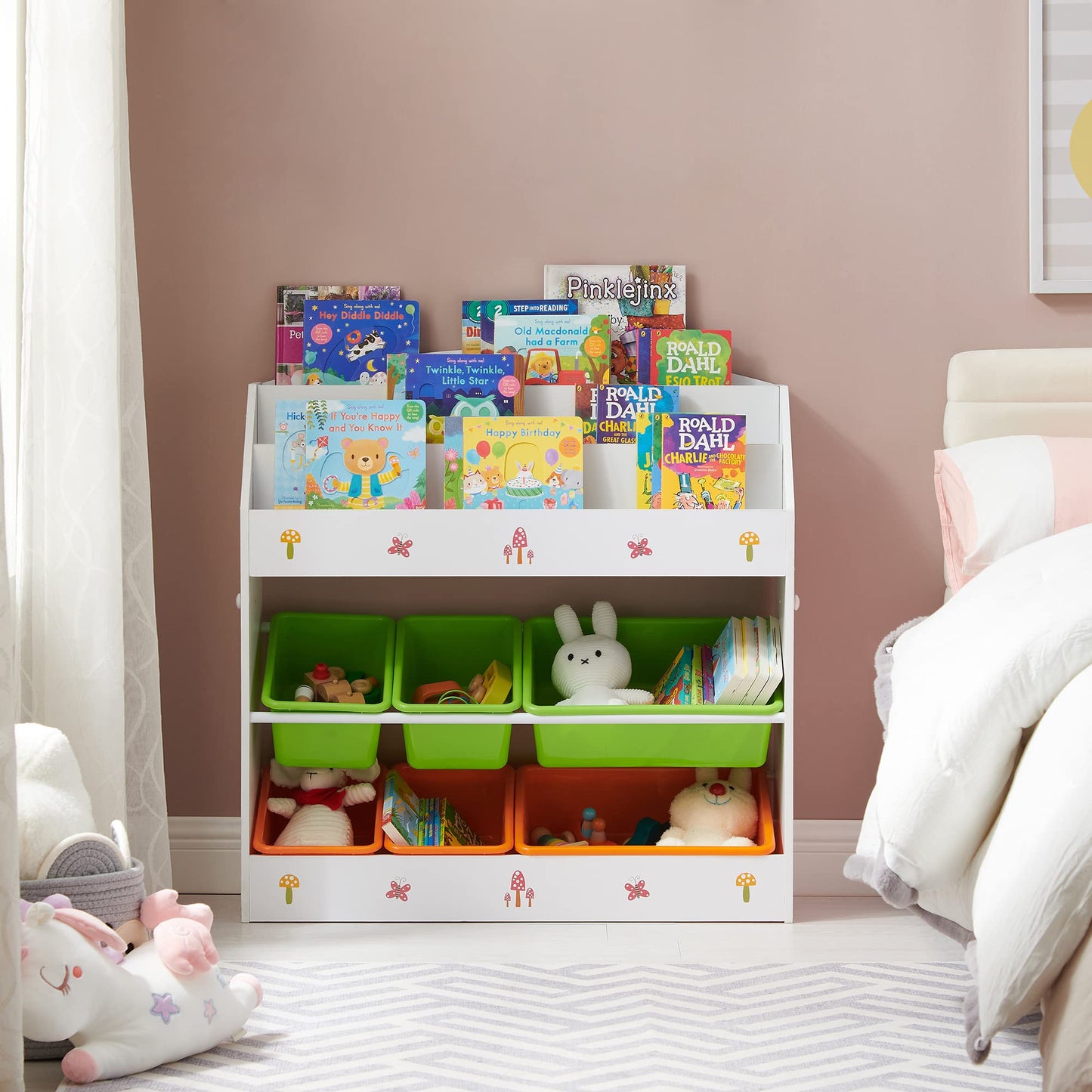 SONGMCIS Toy And Book Organiser For Children, With 3-Tier Bookshelf And 6 Removable Bins, Wooden Storage Unit And Rack For Playroom, Kid’S Room, Nursery, White, Green, Orange, 83 x 29.5 x 85.2 cm