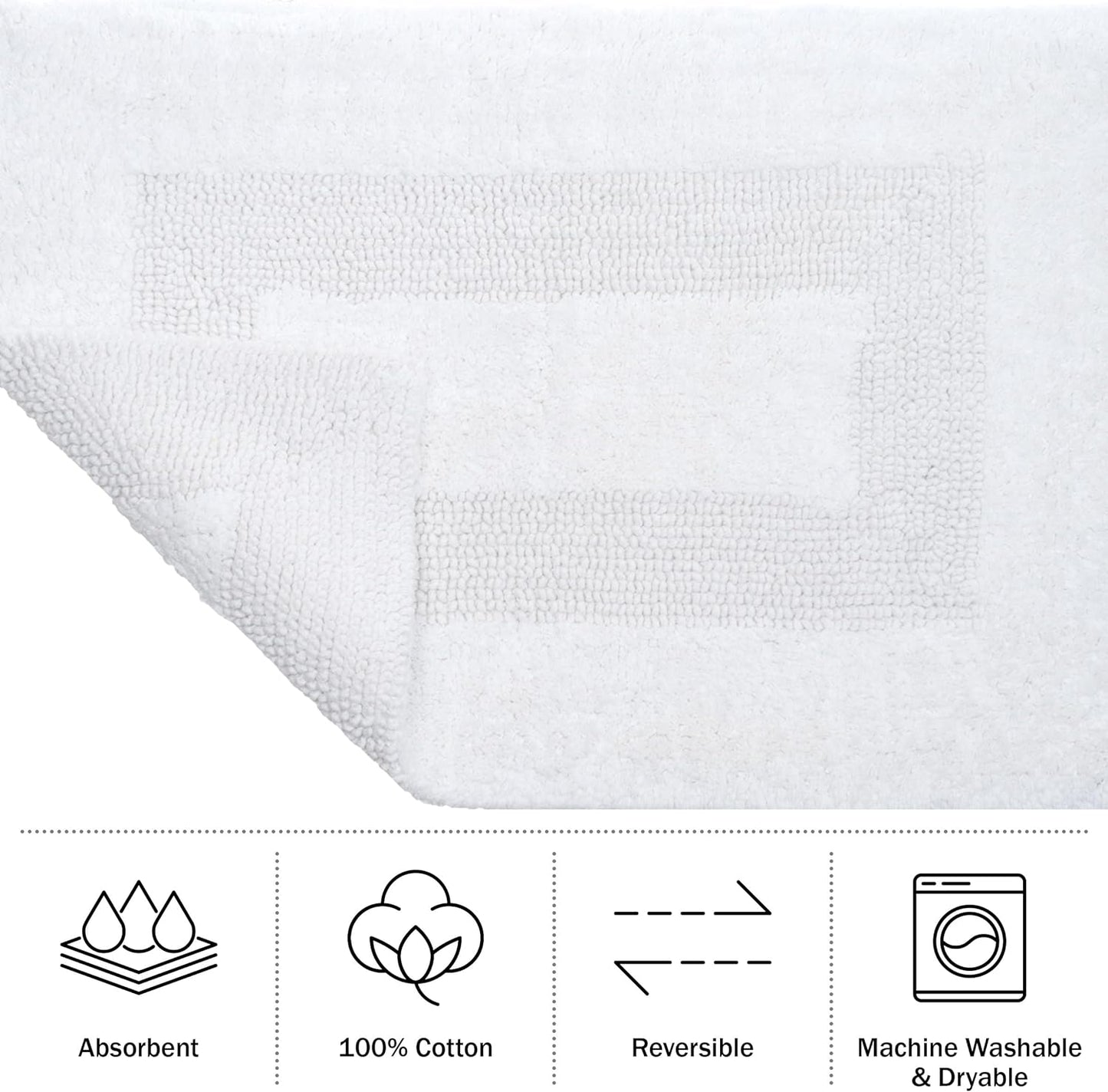 Cotton Bath Mat Set- 2 Piece 100 Percent Cotton Mats- Reversible, Soft, Absorbent and Machine Washable Bathroom Rugs By Lavish Home (White)