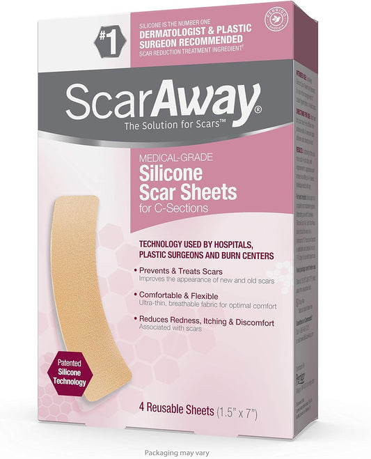 ScarAway Advanced Skincare Silicone Scar Sheets for C-Sections, Reusable Sheets (1.5” x 7”) for Hypertrophic and Keloid Scars from Injury, Burn, Surgery and more, 4 Sheets