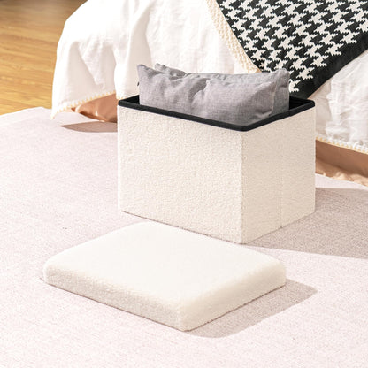 PINPLUS Storage Ottoman Foot Rest Stool, White Folding Sherpa Ottoman, Ottoman with Storage, Teddy Velvet Ottoman for Living Room, Bedroom, Dorm, 16.5" x 12.6" x 12.6"